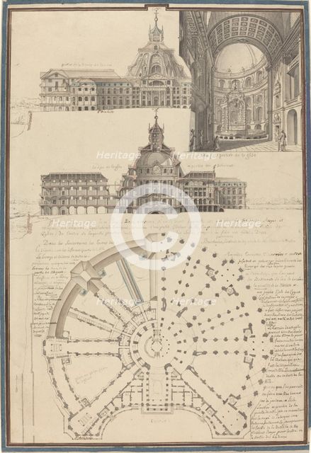 Plan and Three Views of a Circular Church, c. 1750. Creator: Pierre Varin.