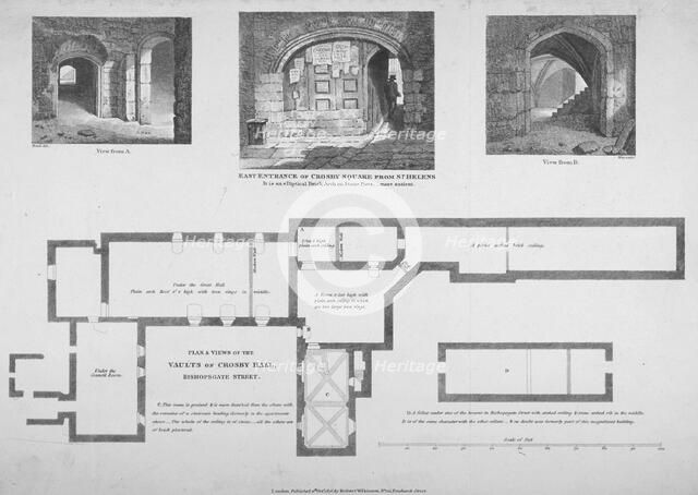 Plan and two views of the Crosby Hall vaults at no 36 Bishopsgate, City of London, 1816. Artist: William Wise