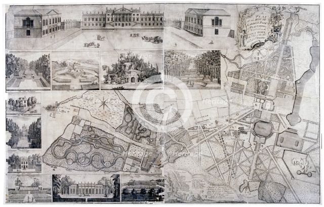 Plan and views of Wanstead House and Park in the borough of Redbridge, London, 1735. Artist: Anon