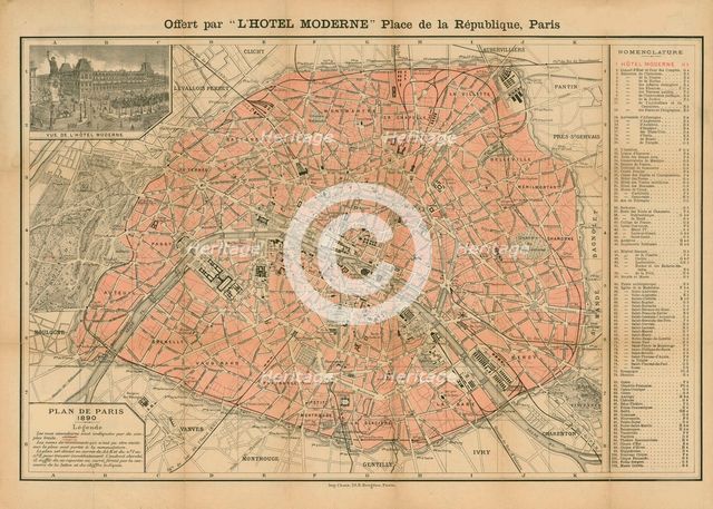 Plan de Paris, 1890. Offert par l'Hôtel Moderne, Place de la République, Paris, 1890. Creator: Anonymous.