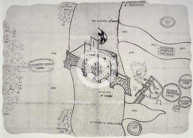 Plan depicting the siege by Sir John Perot, Lord President of Munster, County Kerry Castlemaine,1572 Creator: Unknown.