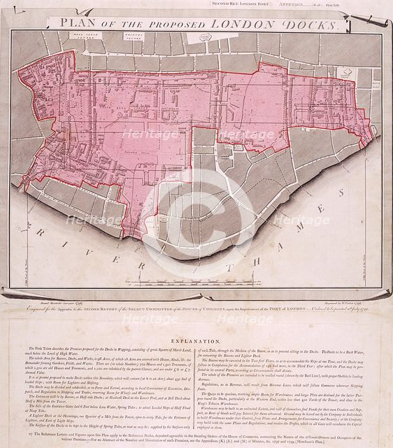 Plan for the proposed London Docks, Stepney, 1799. Artist: Anon