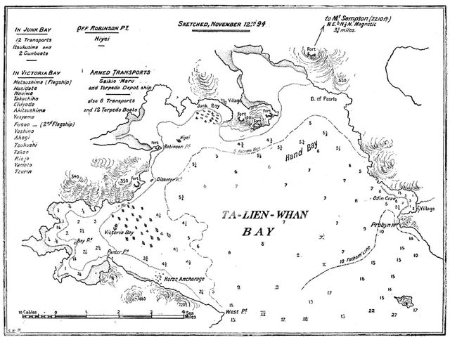 Plan of Ta-Lien-Whan Bay, captured by the Japanese on November 5, 1894, (1895). Creator: Carl Hentschel.