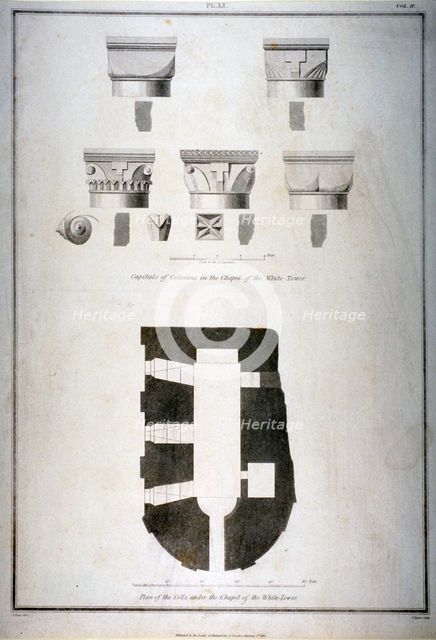 Plan of the cells under the chapel of the White Tower, Tower of London, 1815. Artist: James Basire II