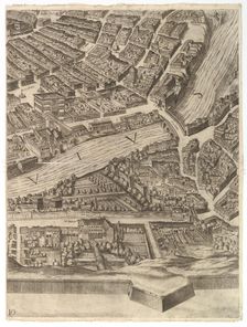 Plan of the City of Rome. Part 10 with the Tiber and the Villa Farnesina, 1645. Creator: Antonio Tempesta