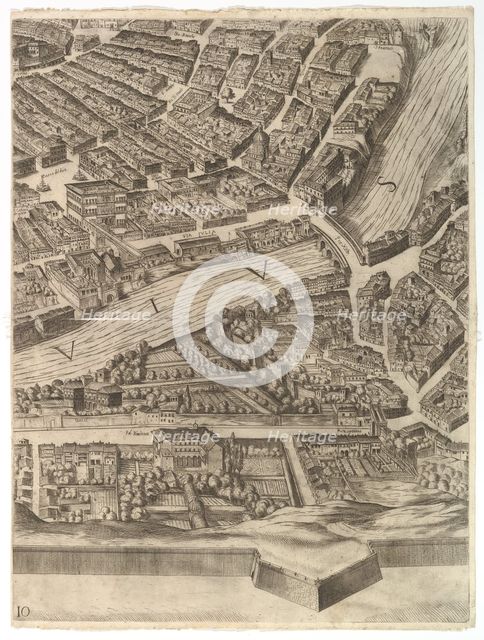 Plan of the City of Rome. Part 10 with the Tiber and the Villa Farnesina, 1645. Creator: Antonio Tempesta.