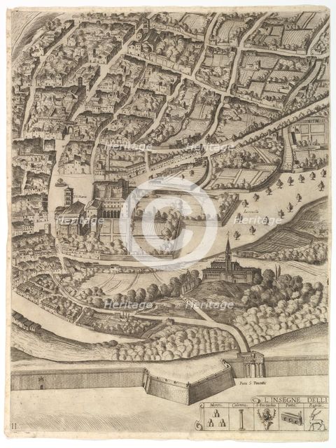 Plan of the City of Rome. Part 11 with the San Pancrazio (left bank), 1645. Creator: Antonio Tempesta.