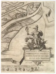 Plan of the City of Rome. Part 12 with the Southwestern Border of the City and a Large Car..., 1645. Creator: Antonio Tempesta