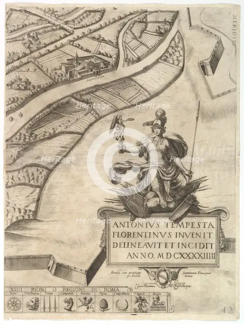 Plan of the City of Rome. Part 12 with the Southwestern Border of the City and a Large Car..., 1645. Creator: Antonio Tempesta.