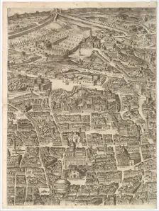 Plan of the City of Rome. Part 3 with the Santa Maria Maggiore, the Pantheon and Trajan's ..., 1645. Creator: Antonio Tempesta