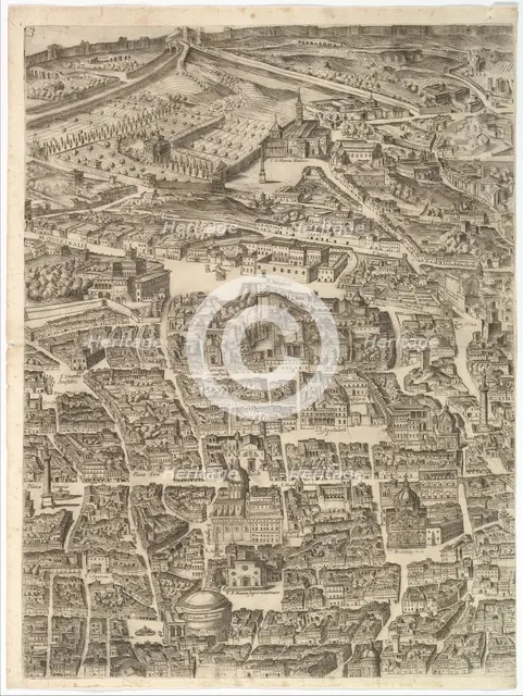 Plan of the City of Rome. Part 3 with the Santa Maria Maggiore, the Pantheon and Trajan's ..., 1645. Creator: Antonio Tempesta.