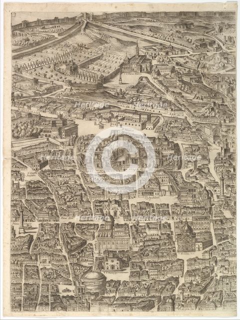 Plan of the City of Rome. Part 3 with the Santa Maria Maggiore, the Pantheon and Trajan's ..., 1645. Creator: Antonio Tempesta.