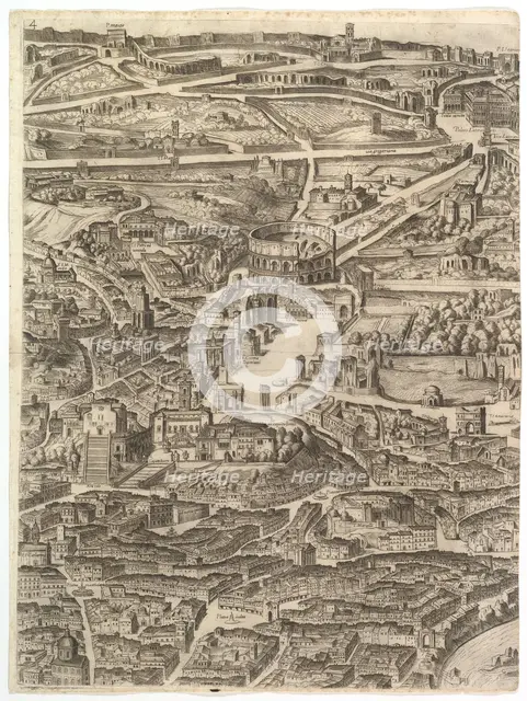 Plan of the City of Rome. Part 4 with the Santa Maria in Aracoeli, the Forum Romanum, the ..., 1645. Creator: Antonio Tempesta.