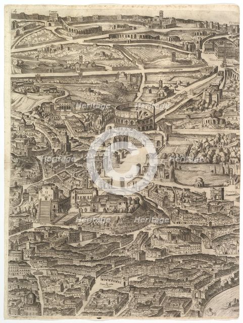 Plan of the City of Rome. Part 4 with the Santa Maria in Aracoeli, the Forum Romanum, the ..., 1645. Creator: Antonio Tempesta.