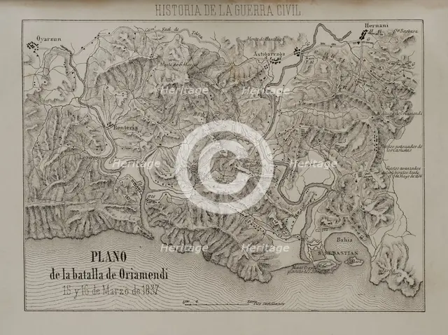 Plan of the Battle of Oriamendi (15 and 16 March 1837), First Carlist War (1833-1840), 1869.  Creator: Unknown.