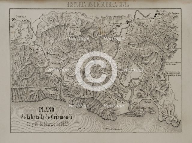 Plan of the Battle of Oriamendi (15 and 16 March 1837), First Carlist War (1833-1840), 1869.  Creator: Unknown.