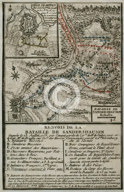 Plan of the Battle of Sandershausen, Germany (July 23, 1758), 1765. Creator: Jean de Beaurain.