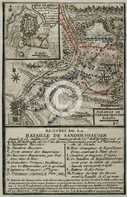 Plan of the Battle of Sandershausen, Germany (July 23, 1758), 1765. Creator: Jean de Beaurain.