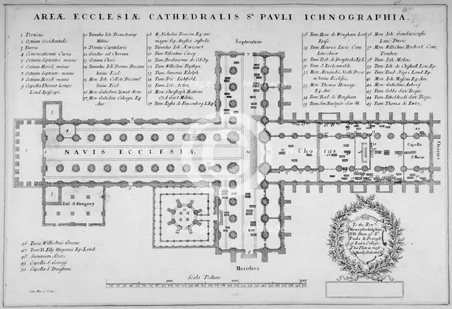 Plan of the old St Paul's Cathedral, City of London, 1657. Artist: J Harris