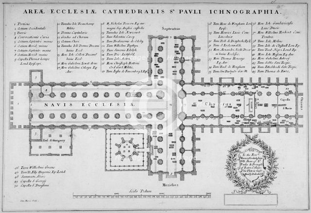 Plan of the old St Paul's Cathedral, City of London, 1657. Artist: J Harris