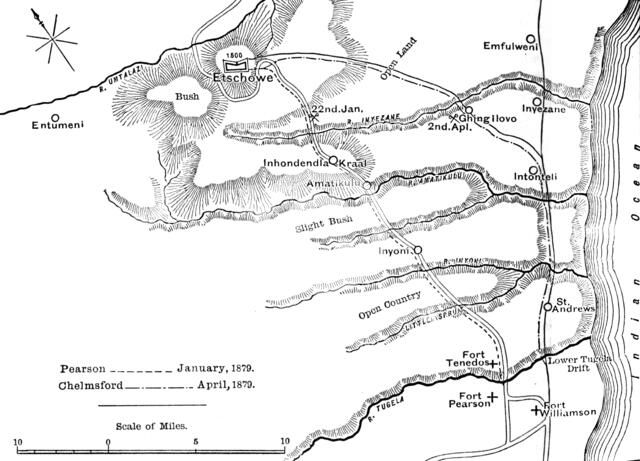 'Plan of the Marches of Pearson (Jan., 1879) and of Chelmsford (April, 1879) to Etschowe', c1880. Artist: Unknown.