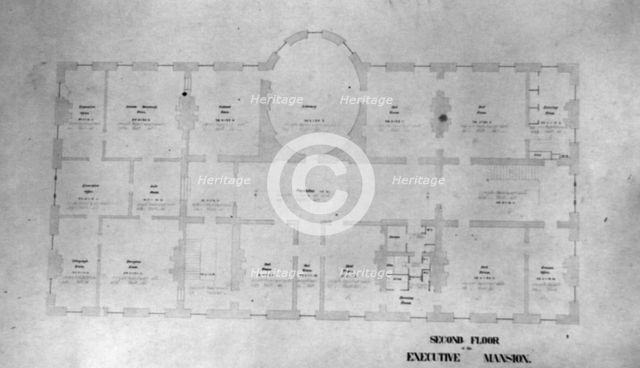 Plan of the second floor of the White House, between 1889 and 1906. Creator: Frances Benjamin Johnston.