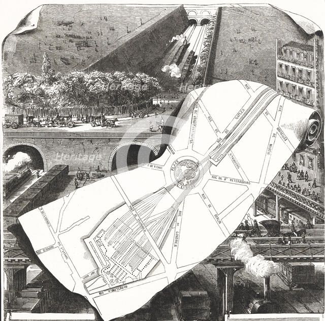 Plan of the rising works of the West station in Paris. French Railways, engraving 1851.