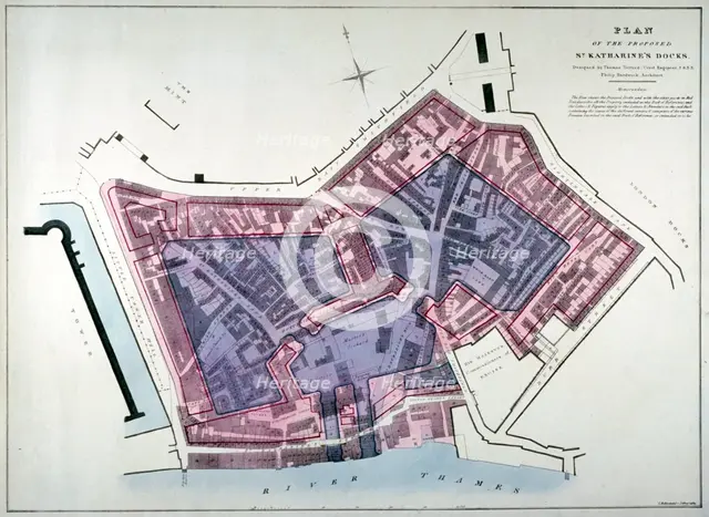 Plan of a proposal to construct a dock on the site of St Katharine's Hospital, London, c1825. Artist: Charles Joseph Hullmandel