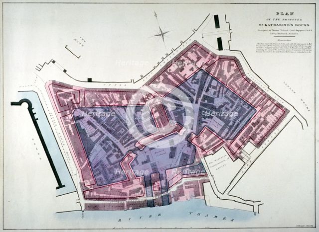 Plan of a proposal to construct a dock on the site of St Katharine's Hospital, London, c1825. Artist: Charles Joseph Hullmandel