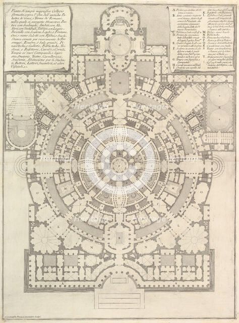 Plan of a spacious and magnificent College designed after the ancient gymnasia of the Gree..., 1750. Creator: Giovanni Battista Piranesi.