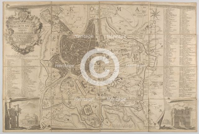 Plan of ancient Rome with a view of the Pantheon lower left and a triumphal arch lower rig..., 1748. Creators: Carlo Nolli, Francesco Monaco.