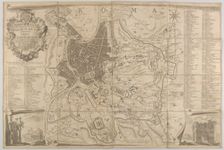 Plan of ancient Rome with a view of the Pantheon lower left and a triumphal arch lower rig..., 1748. Creators: Carlo Nolli, Francesco Monaco