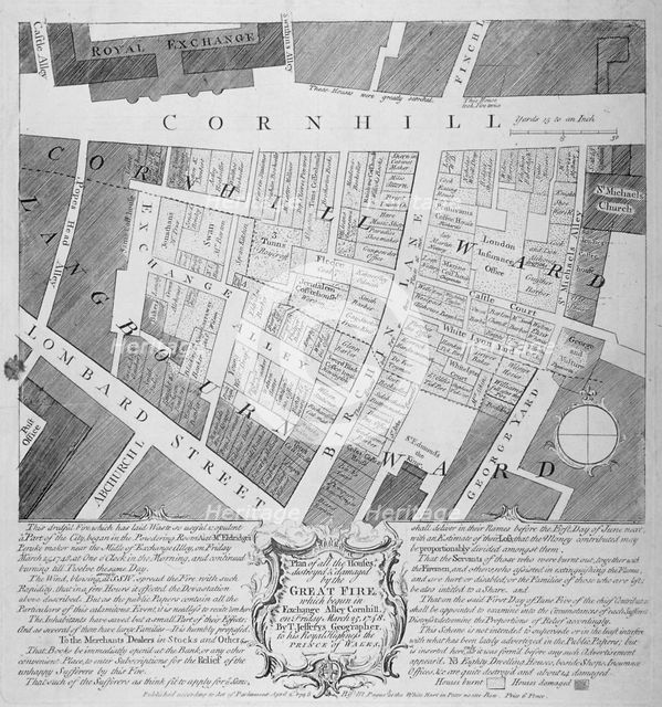 Plan of buildings destroyed in Cornhill by fire which began in Exchange Alley March 25th, 1748. Artist: Anon