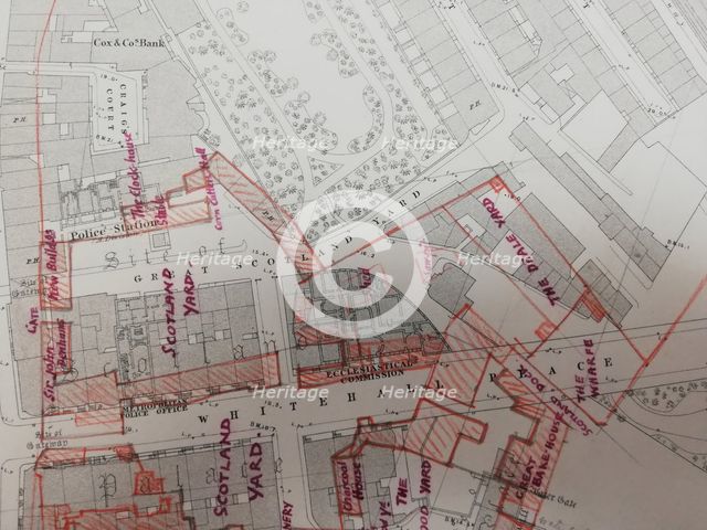 Plan of buildings in Whitehall, Westminster, London, 1874.  Creator: Tom Higgs.