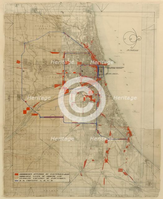 Plan of Chicago, Chicago, Illinois, Railroad Circuits Diagram, 1909. Creator: Daniel Burnham.