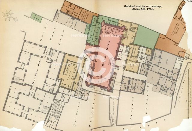 Plan of Guildhall and its surroundings, City of London, c1750 (1886). Artist: Unknown