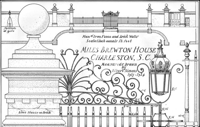 Plan of iron fence and brick walls, Miles Brewton House, Charleston, South Carolina, 1926. Artist: Albert Simons.