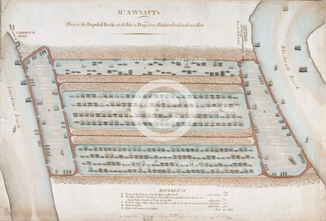 Plan of proposed docks at the Isle of Dogs, now the site of West India Docks, London, 1820. Artist: Anon