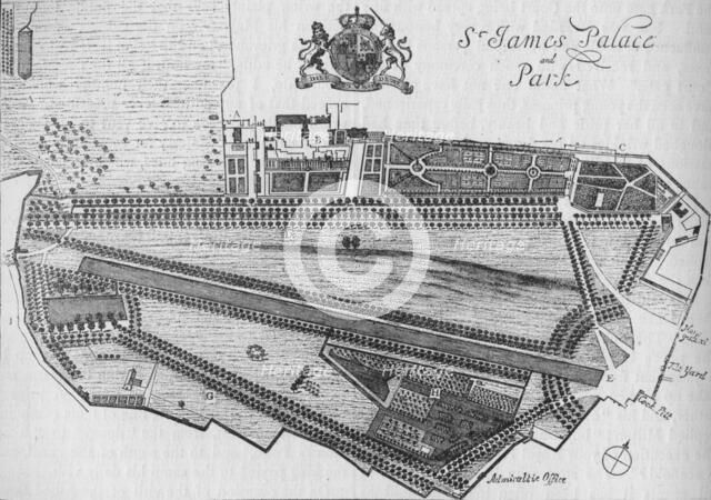 Plan of St James's Palace and Park in the time of Charles II, c1700 (1878). Artist: Unknown.