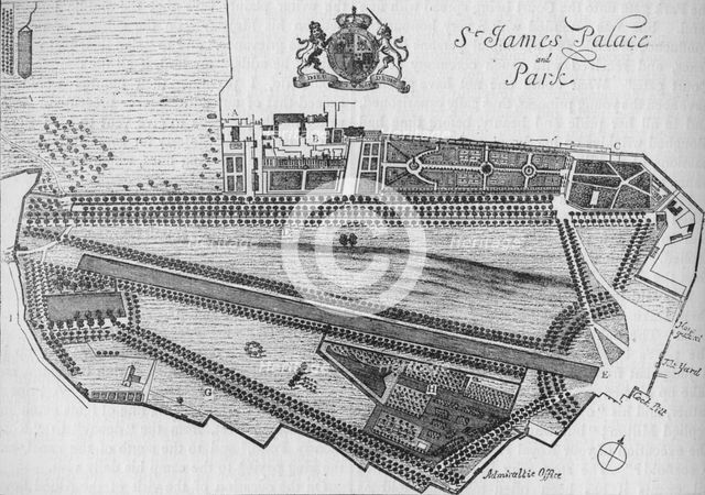 Plan of St James's Palace and Park in the time of Charles II, c1700 (1878). Artist: Unknown.