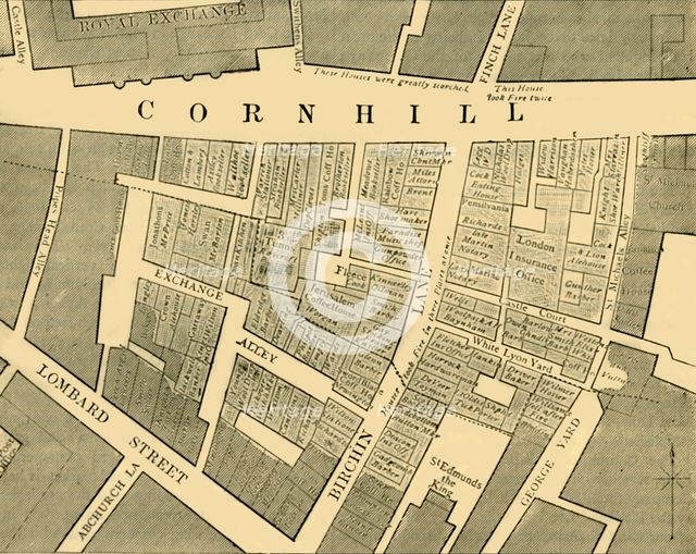 'Plan showing the Extent of the Great Fire in Cornhill in 1748', (c1872). Creator: Unknown.