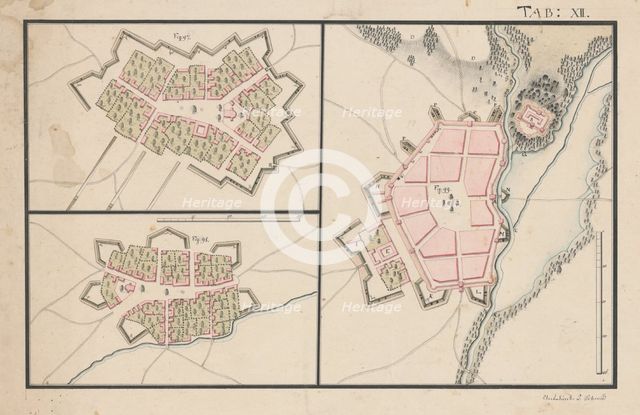 Plans of three settlements with fortifications, 2nd half 18th century. Creator: Unknown.