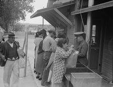 Plant quarantine inspectors examining packages brought over the bridge..., Texas, 1937. Creator: Dorothea Lange