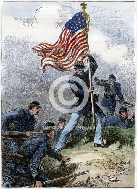 Planting the Union flag on a bastion, Siege of Vicksburg, 1863. Artist: Unknown