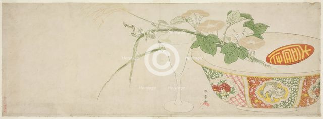 Plants, Porcelain Bowl, and Glass Goblet, Japan, c. 1789. Creator: Shunsho.