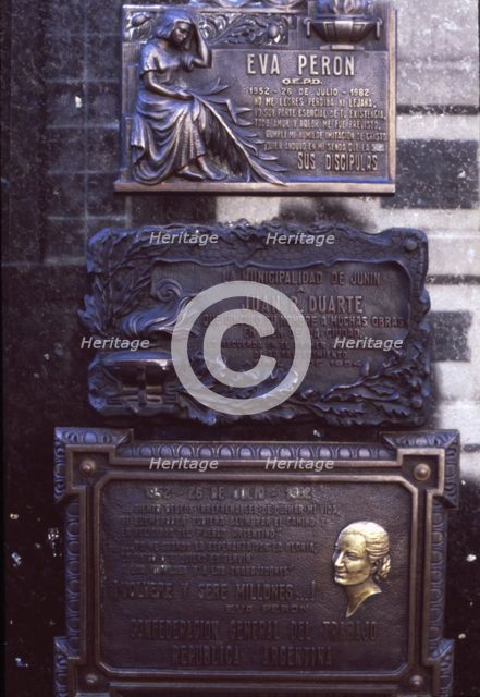 Plaque on the grave of Eva Duarte de Peron 'Evita' (1952-1982), wife of the President of Argentin…
