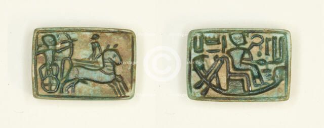 Plaque: King in Chariot Shoots Enemy/King Seated in the Barque of Amun, Egypt, New Kingdom... Creator: Unknown.