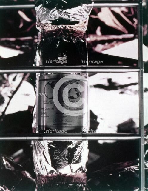 Plaque left on the Moon, Apollo II mission, July 1969. Creator: NASA.