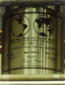 Plaque left on the Moon, Apollo II mission, July 1969. Creator: NASA