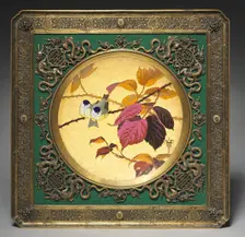 Plaque: Two Birds on a Thorny Bough, 1879. Creator: Fernand Thesmar (French, 1843-1912)